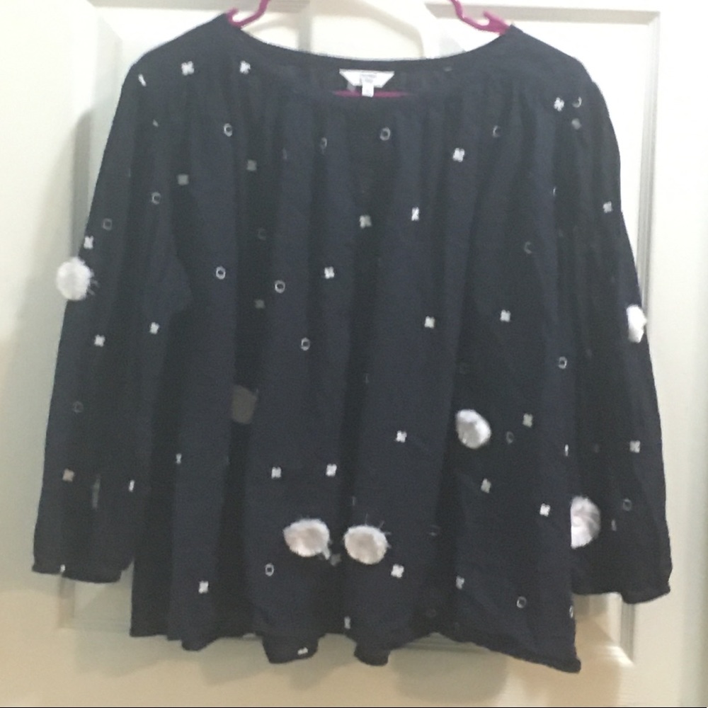 Crown & Ivy Button Up Blouse With Pom Poms